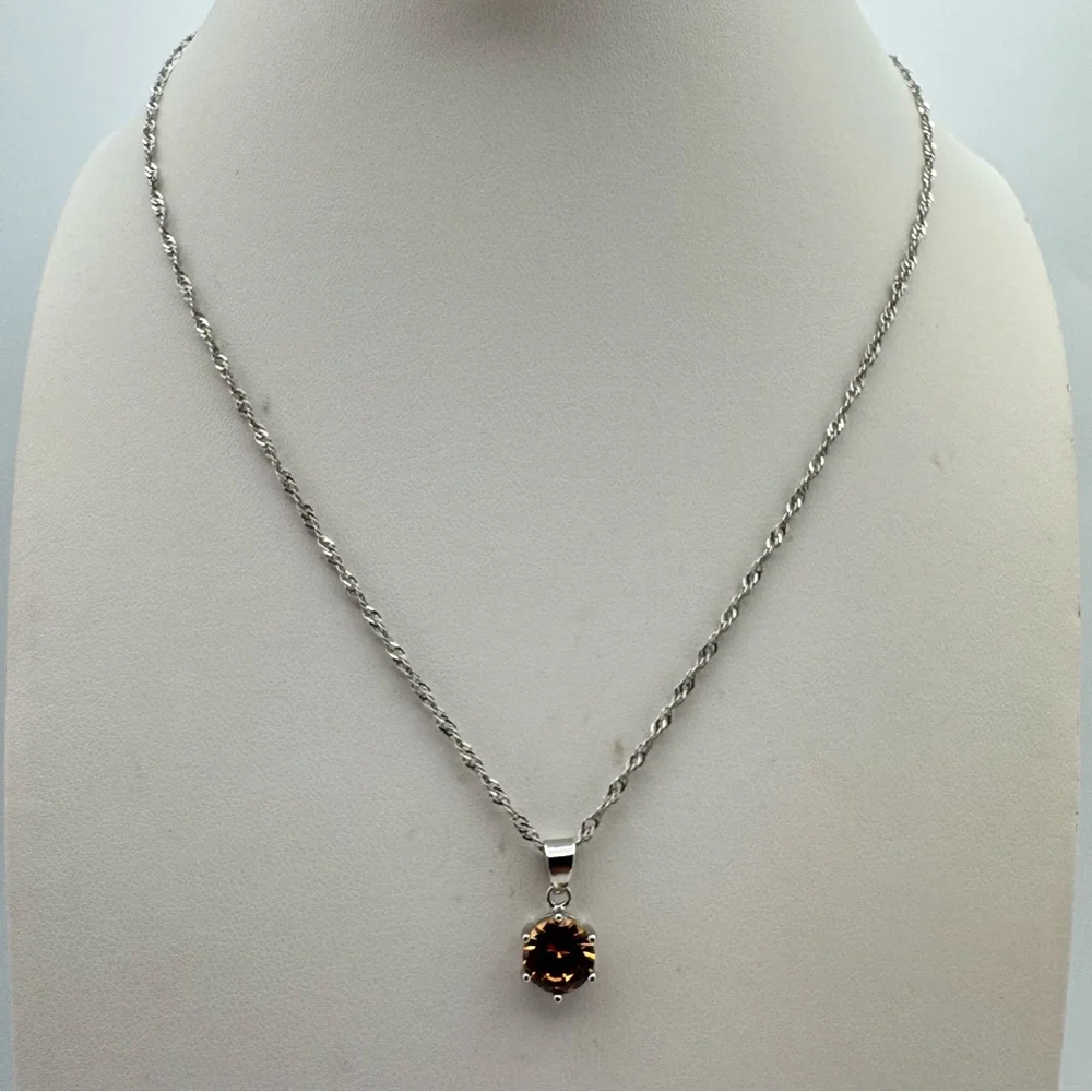 Beautiful Silver Round Champagne CZ Pendant Necklace 18”